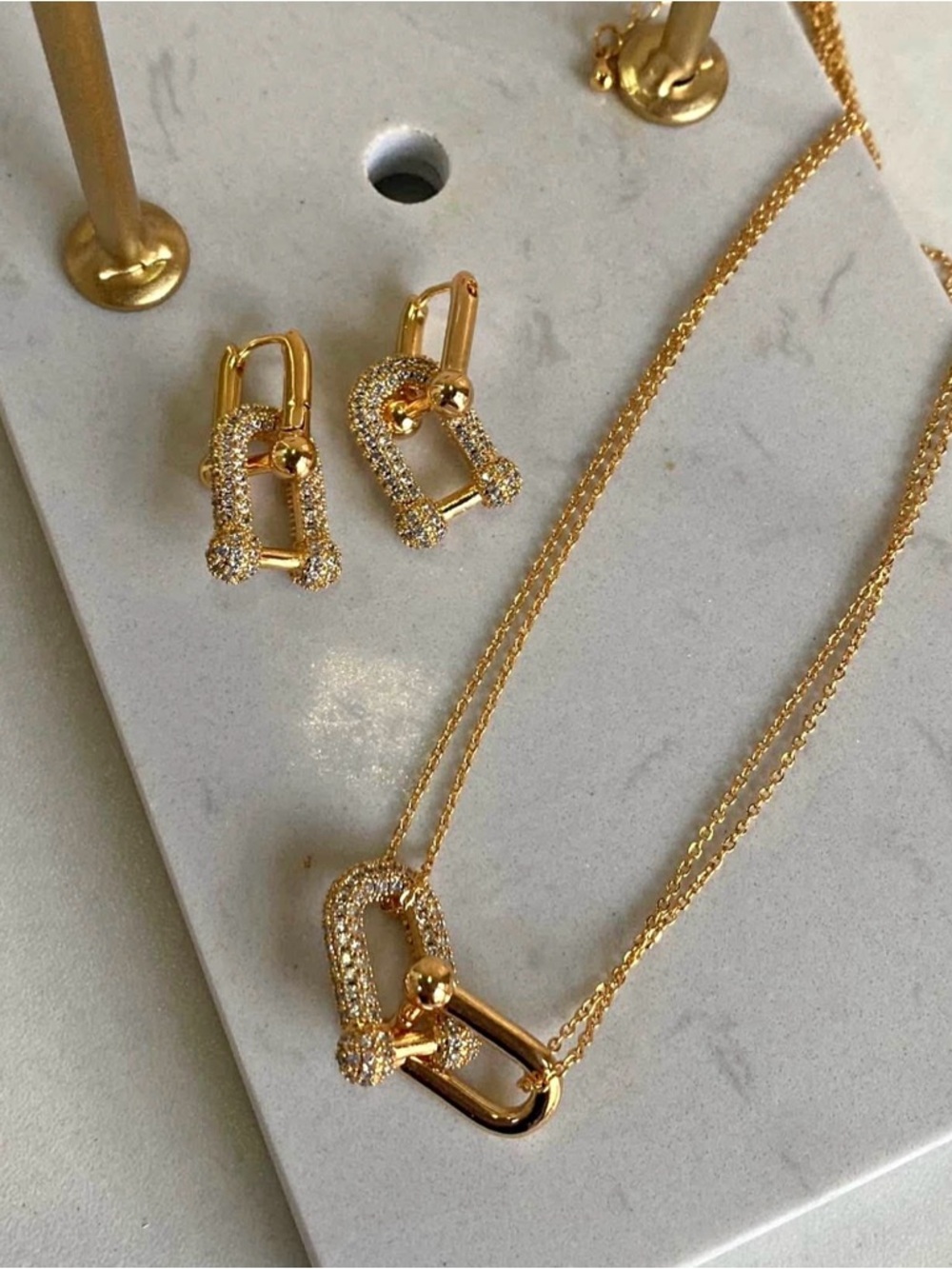 Gold Pave Link Necklace and Earring Set - Gold